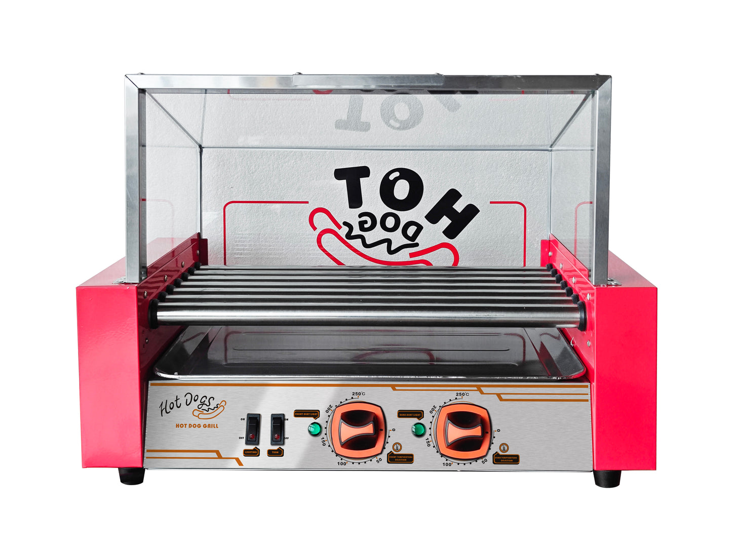Commercial Hot Dog Roller Machine – 7 Non-Stick Rollers, Glass Hood & Drip Tray