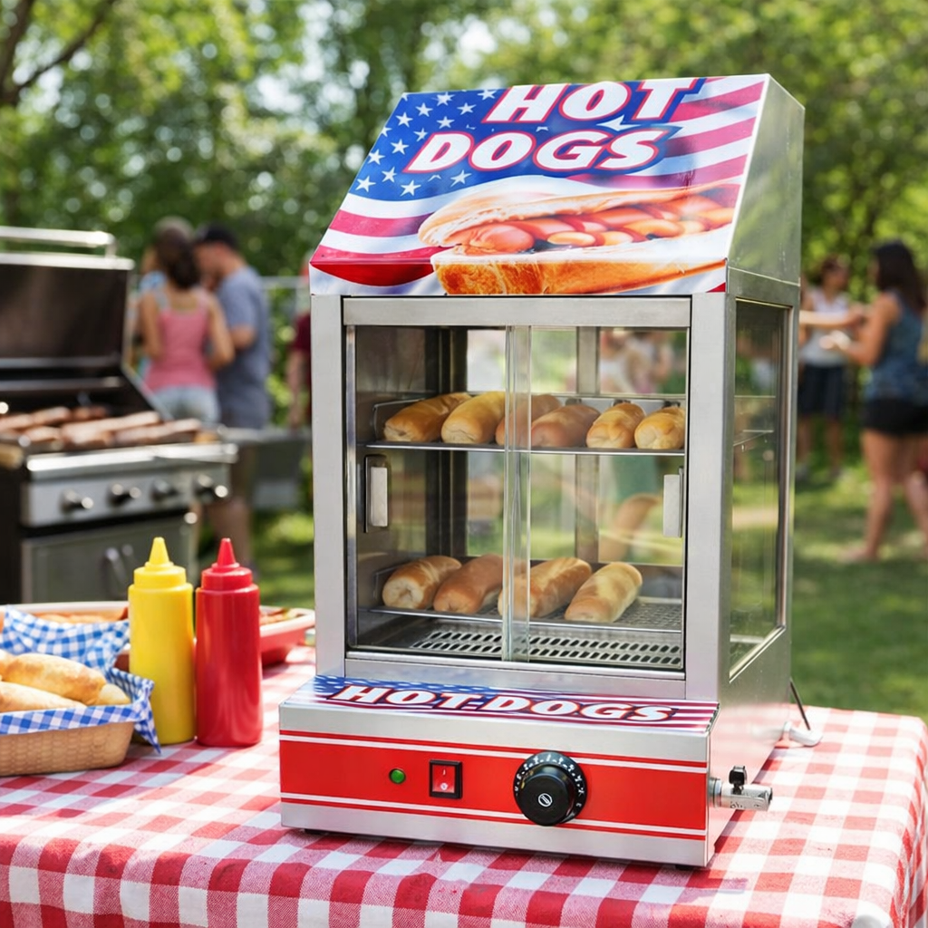 Hot Dog Steamer Commercial Electric Hotdog Machine Glass Doors & Bun Warmer