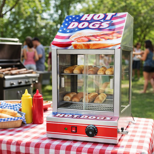 Hot Dog Steamer Commercial Electric Hotdog Machine Glass Doors & Bun Warmer