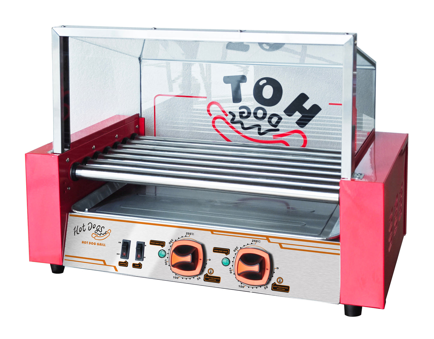 Commercial Hot Dog Roller Machine – 7 Non-Stick Rollers, Glass Hood & Drip Tray
